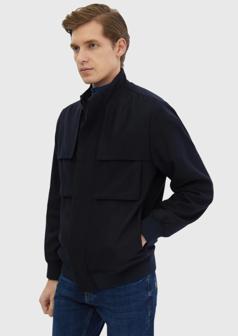 Navy Blue Regular Fit Turtleneck Casual Weaving Coat - 5
