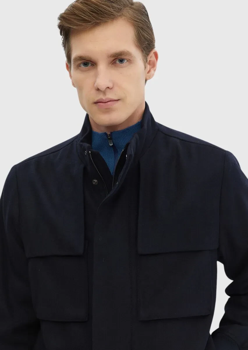 Navy Blue Regular Fit Turtleneck Casual Weaving Coat - 6