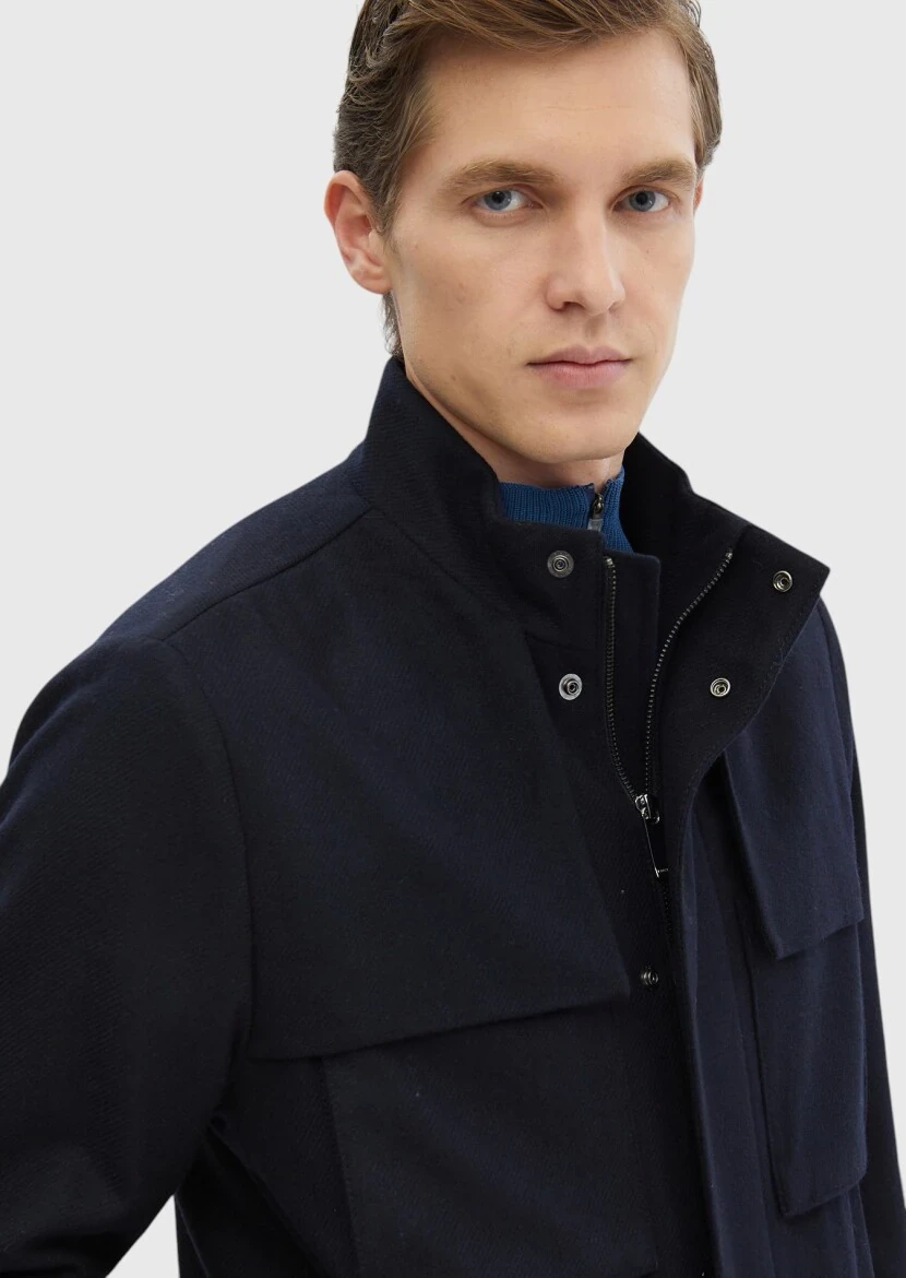 Navy Blue Regular Fit Turtleneck Casual Weaving Coat - 7