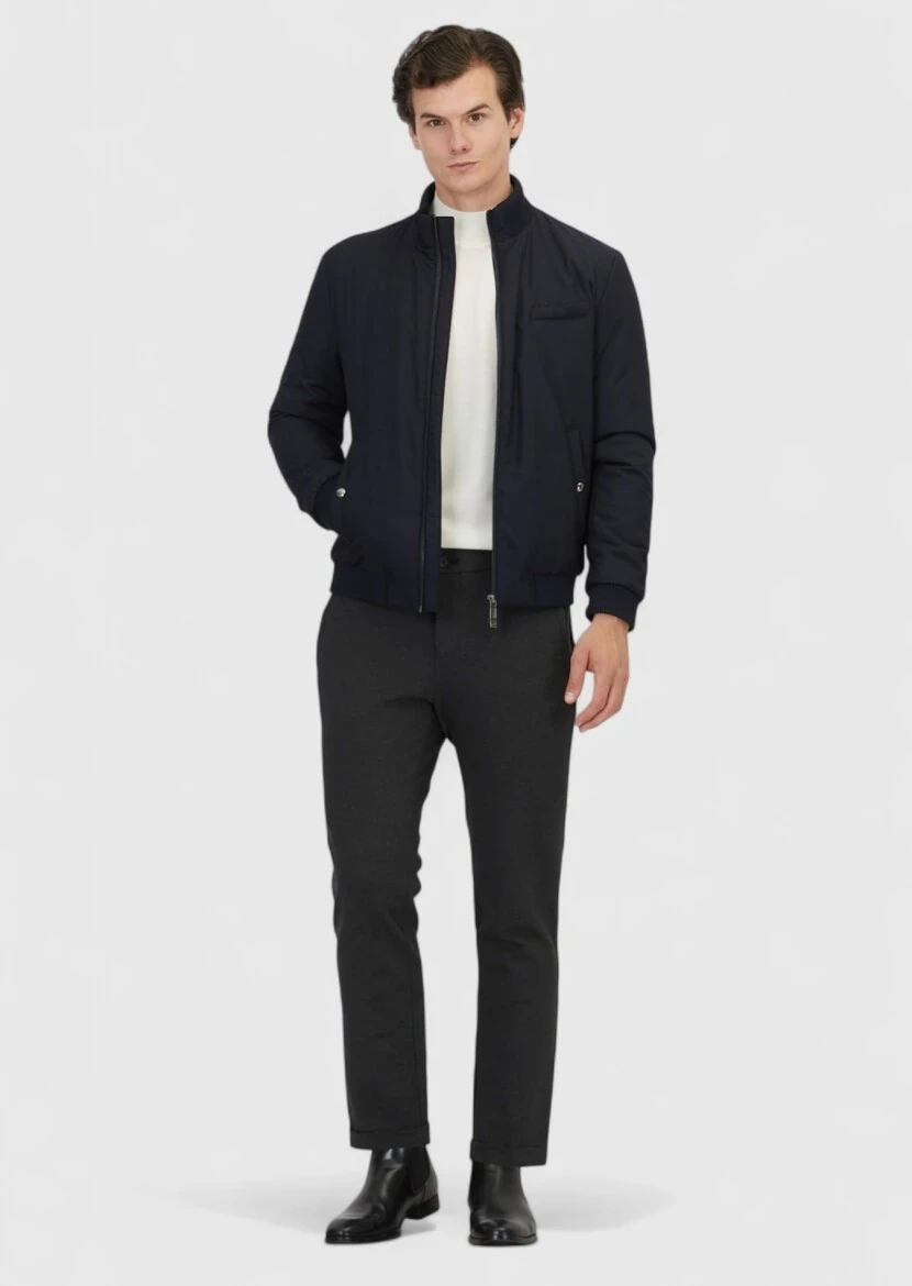 Navy Blue Regular Fit Turtleneck Casual Weaving Coat 