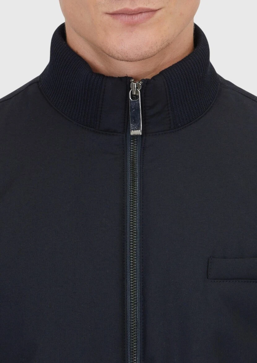 Navy Blue Regular Fit Turtleneck Casual Weaving Coat - 3