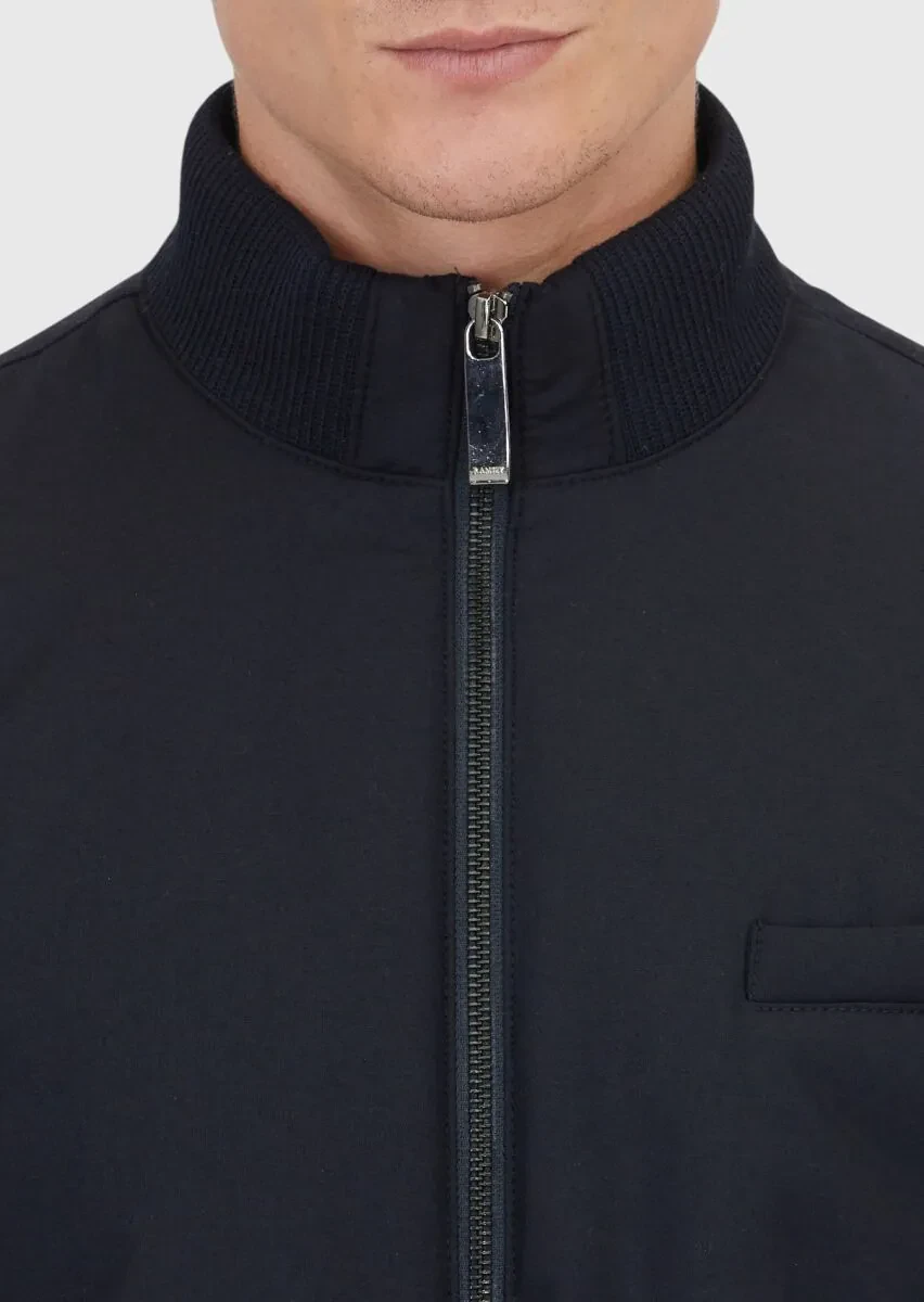 Navy Blue Regular Fit Turtleneck Casual Weaving Coat - 3