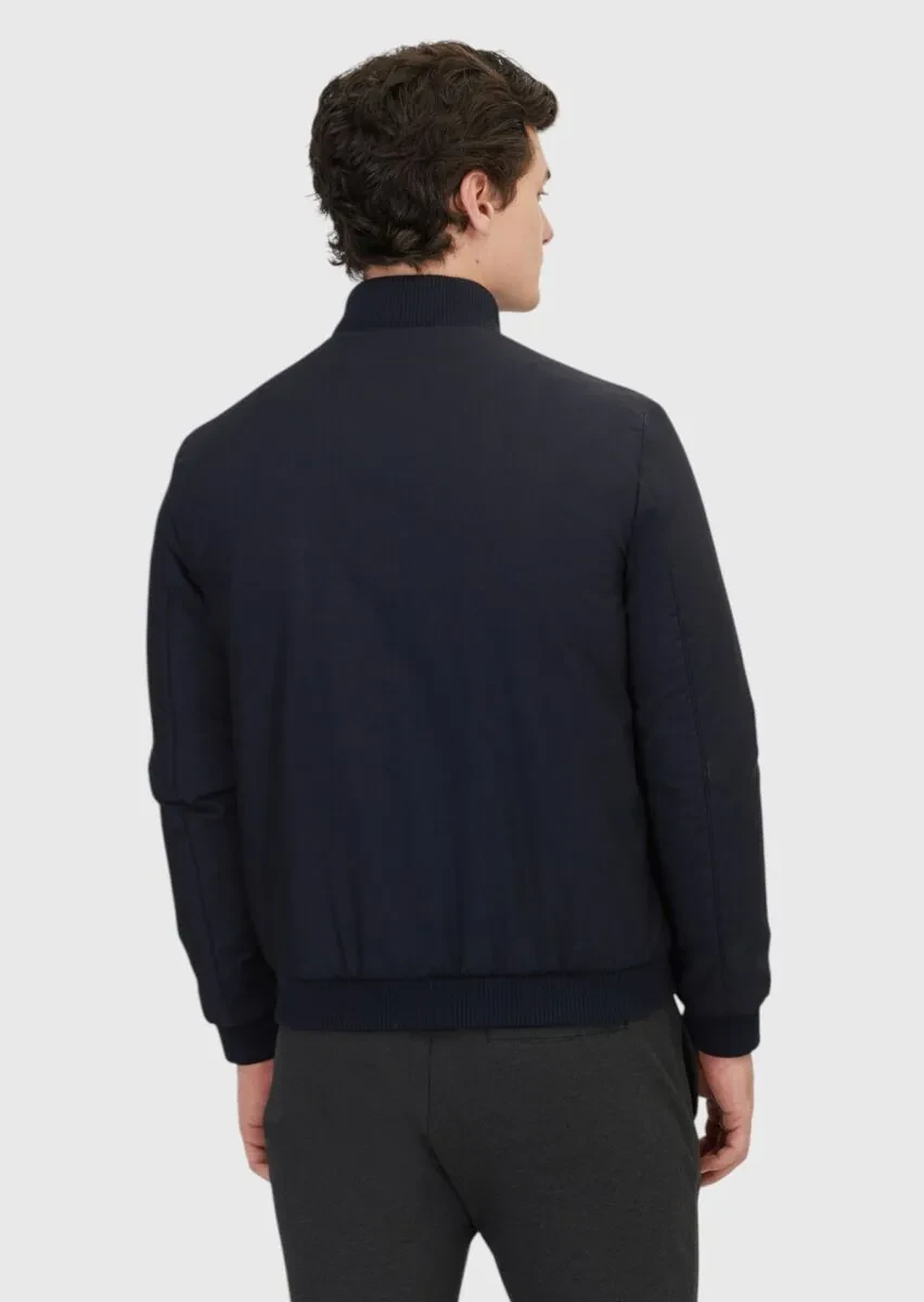 Navy Blue Regular Fit Turtleneck Casual Weaving Coat - 6