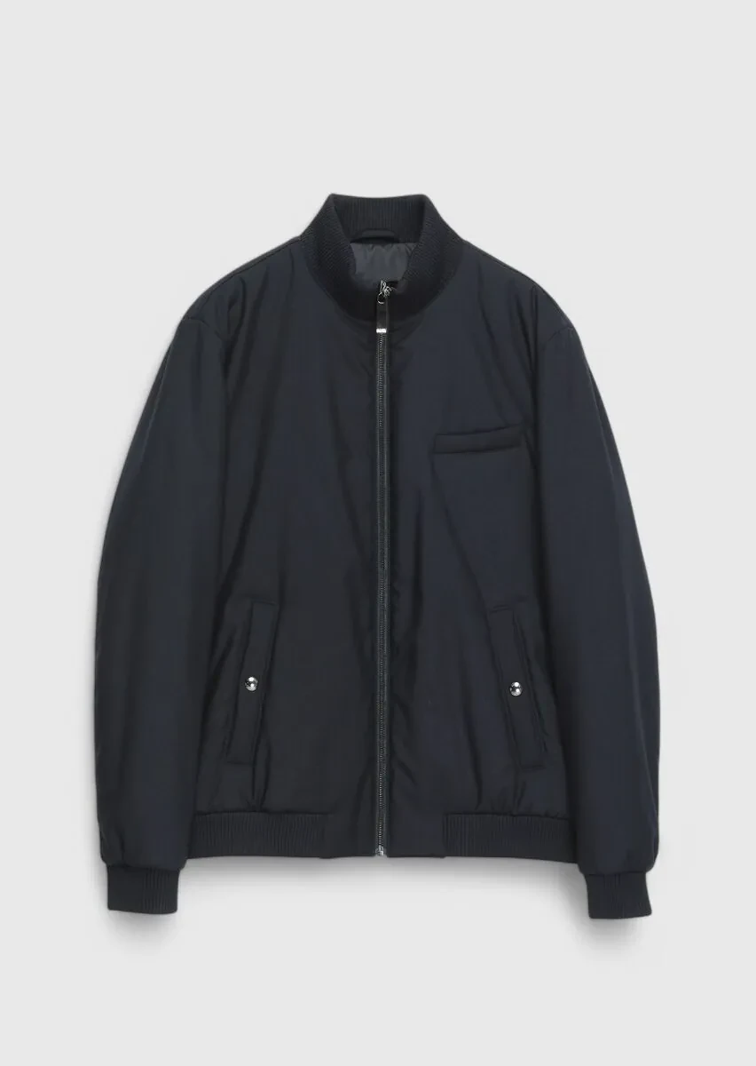 Navy Blue Regular Fit Turtleneck Casual Weaving Coat - 7