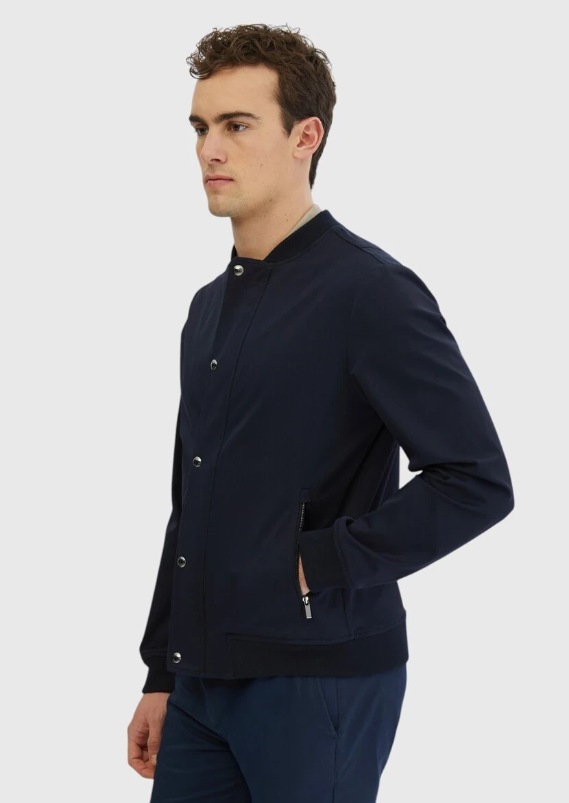 Navy Blue Regular Fit Turtleneck Casual Weaving Coat - 3