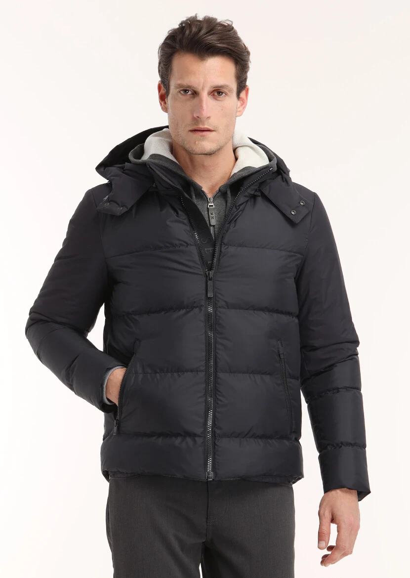 Navy Blue Regular Fit Turtleneck Casual Weaving Puffer Coat 