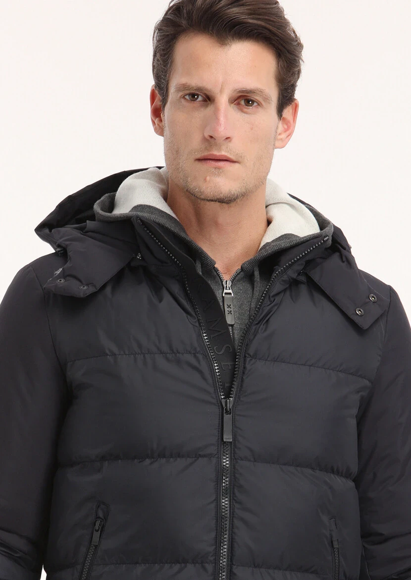 Navy Blue Regular Fit Turtleneck Casual Weaving Puffer Coat - 3