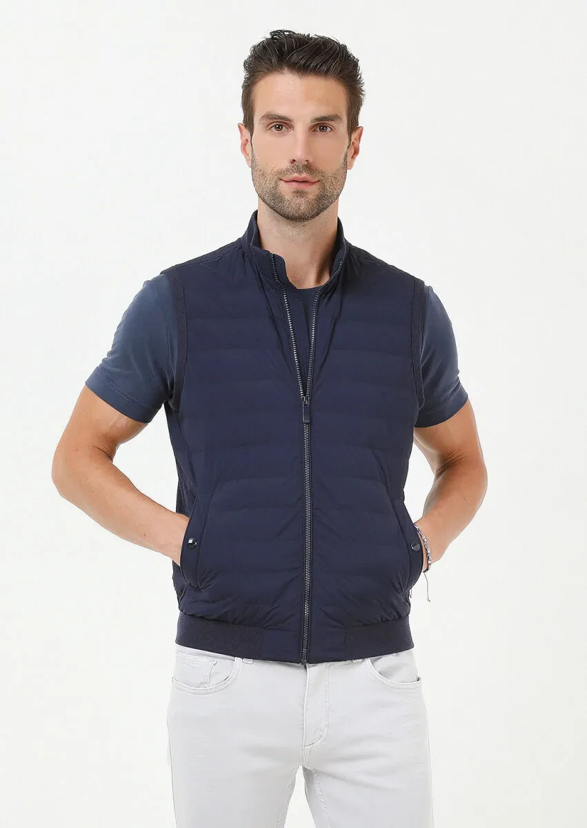 Navy Blue Regular Fit Turtleneck Casual Weaving Puffer Vest - 1