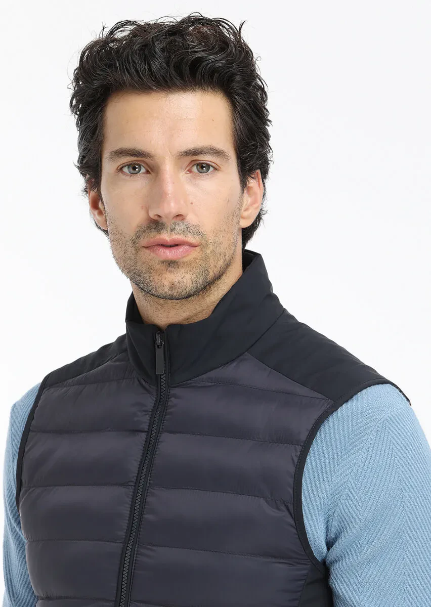 Navy Blue Regular Fit Turtleneck Casual Weaving Puffer Vest - 2