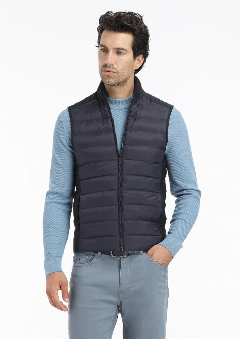 Navy Blue Regular Fit Turtleneck Casual Weaving Puffer Vest - 3
