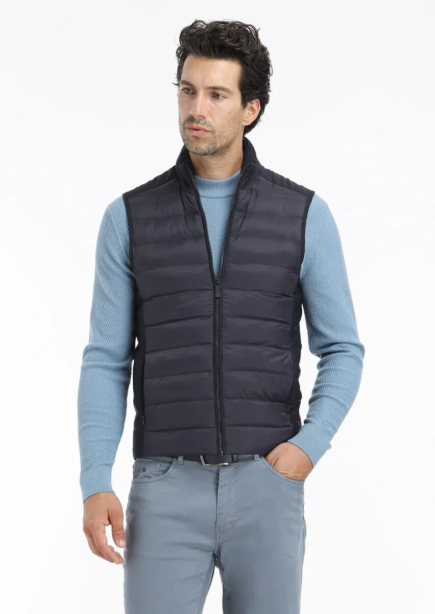Navy Blue Regular Fit Turtleneck Casual Weaving Puffer Vest - 3