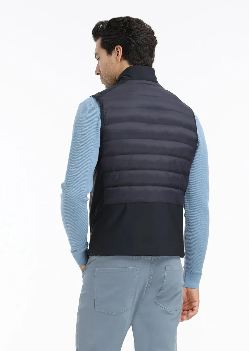 Navy Blue Regular Fit Turtleneck Casual Weaving Puffer Vest - 5