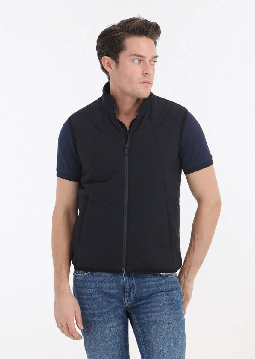 Navy Blue Regular Fit Turtleneck Casual Weaving Puffer Vest - 2