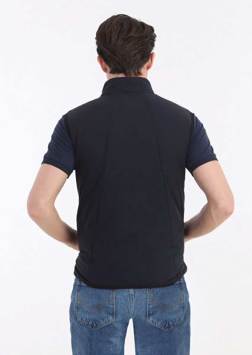 Navy Blue Regular Fit Turtleneck Casual Weaving Puffer Vest - 4