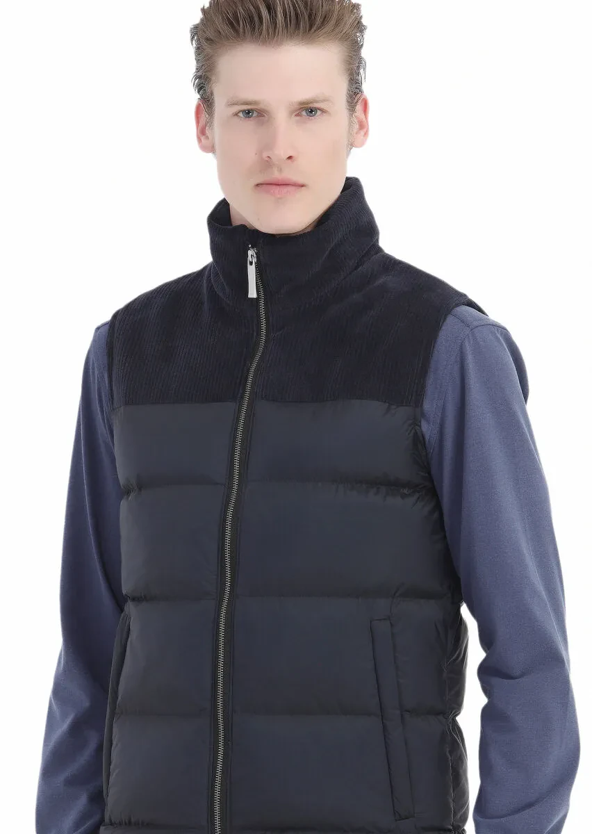 Navy Blue Regular Fit Turtleneck Casual Weaving Puffer Vest - 4