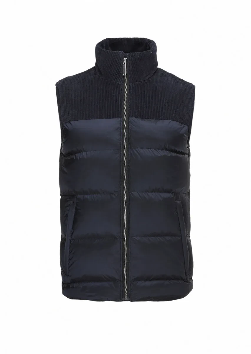 Navy Blue Regular Fit Turtleneck Casual Weaving Puffer Vest - 6