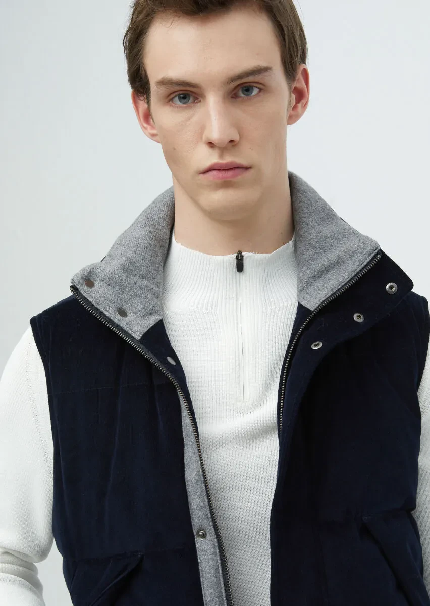 Navy Blue Regular Fit Turtleneck Casual Weaving Puffer Vest - 4