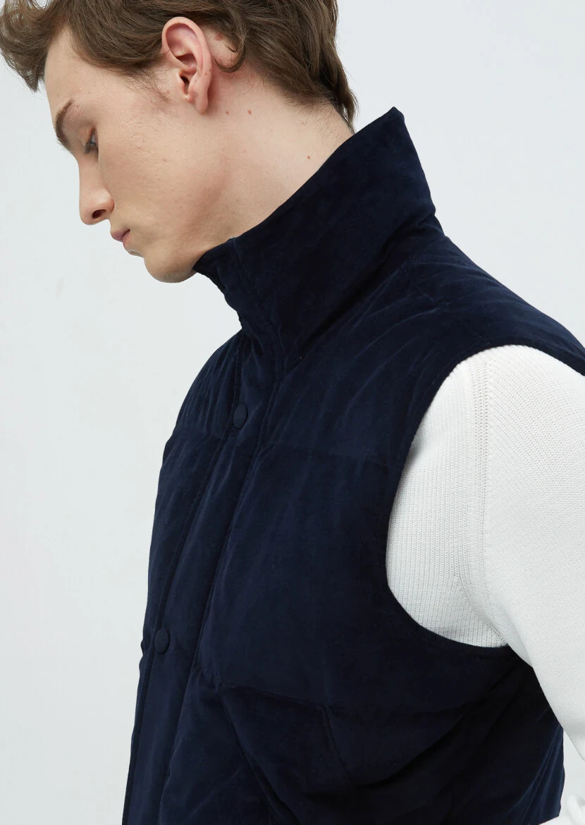 Navy Blue Regular Fit Turtleneck Casual Weaving Puffer Vest - 5