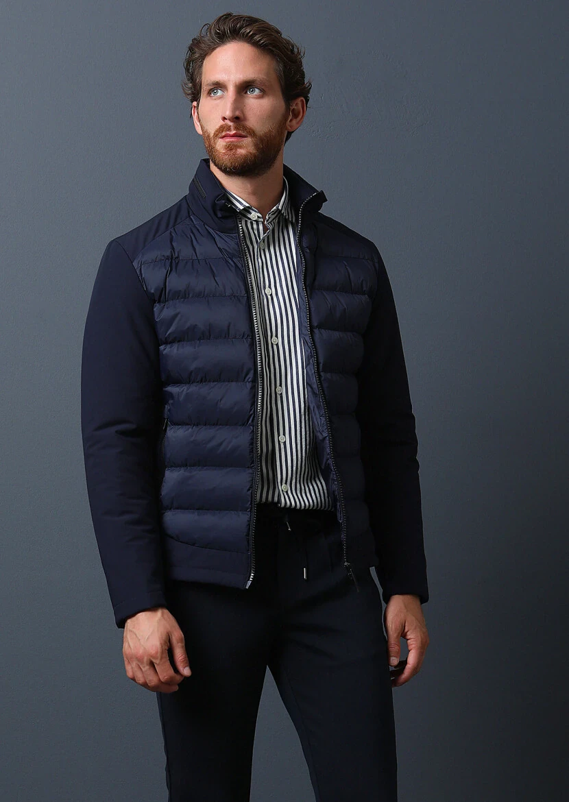 Navy Blue Regular Fit Turtleneck Denim Weaving Coat - 1