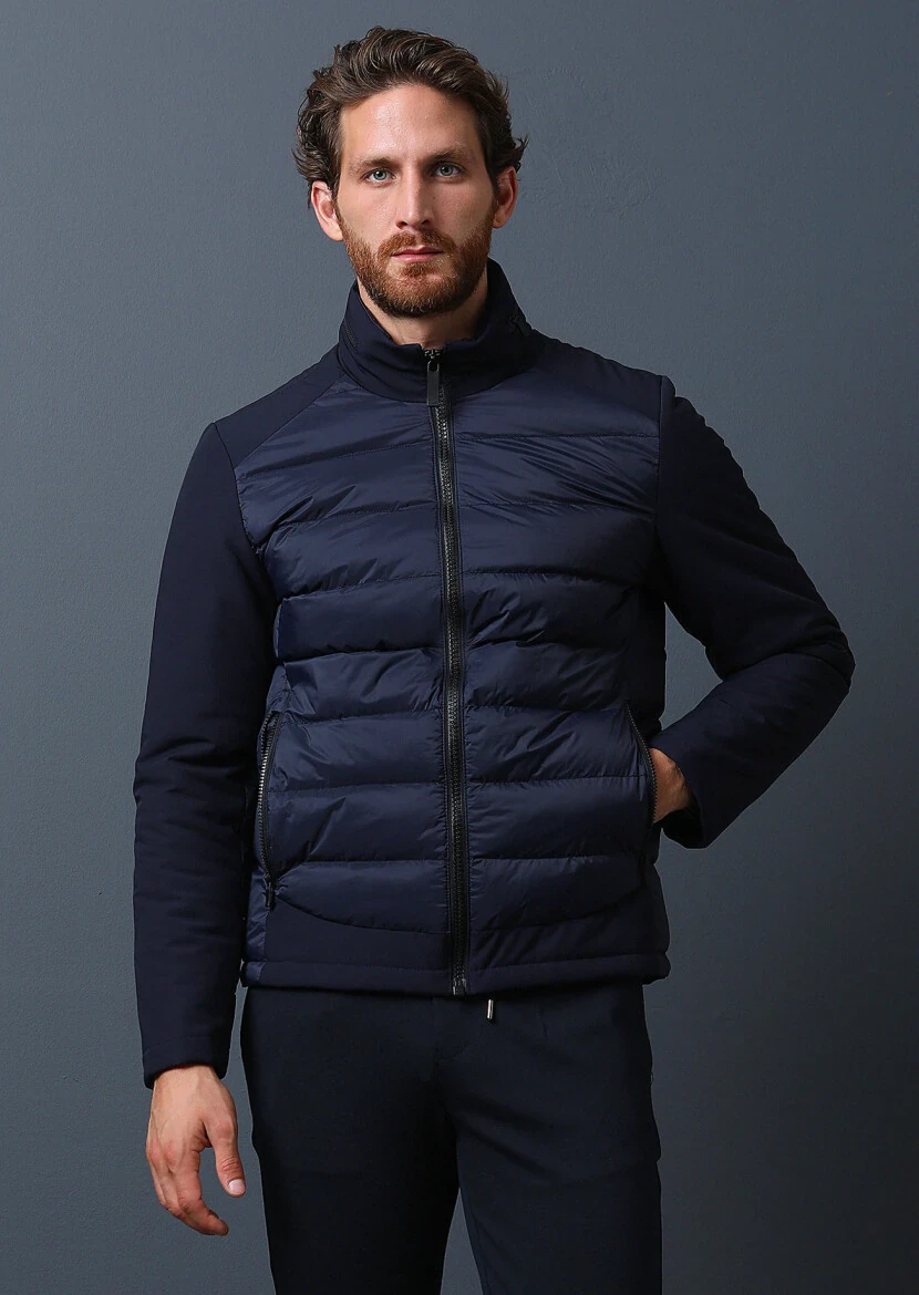 Navy Blue Regular Fit Turtleneck Denim Weaving Coat - 4