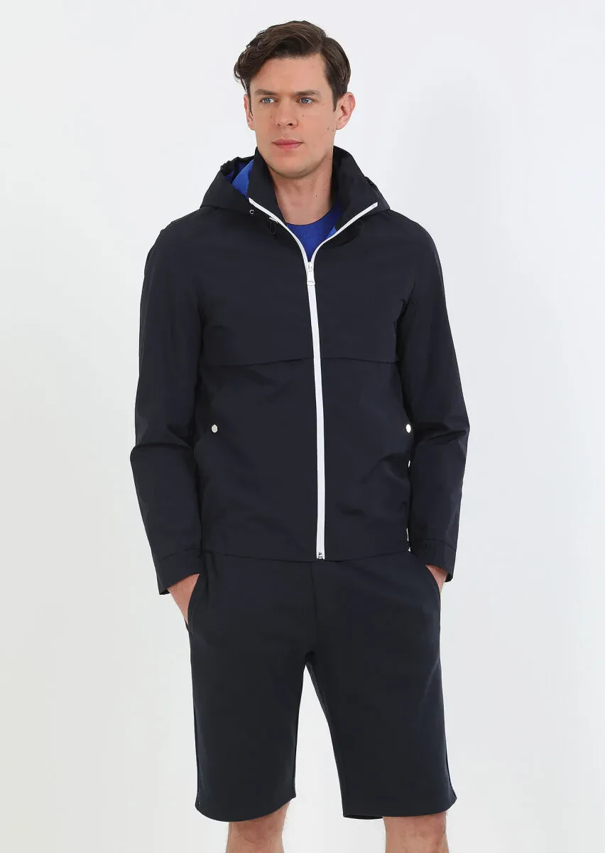 Navy Blue Regular Fit Turtleneck Denim Weaving Coat - 1