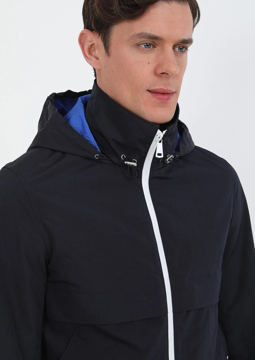 Navy Blue Regular Fit Turtleneck Denim Weaving Coat - 2