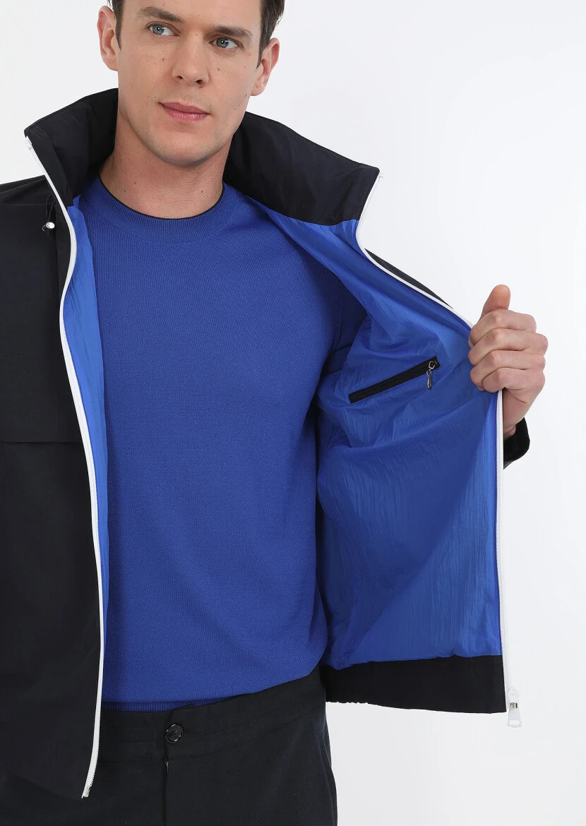 Navy Blue Regular Fit Turtleneck Denim Weaving Coat - 4