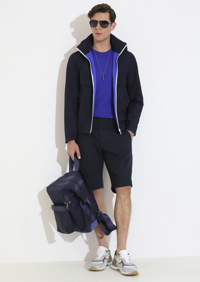 Navy Blue Regular Fit Turtleneck Denim Weaving Coat - 5