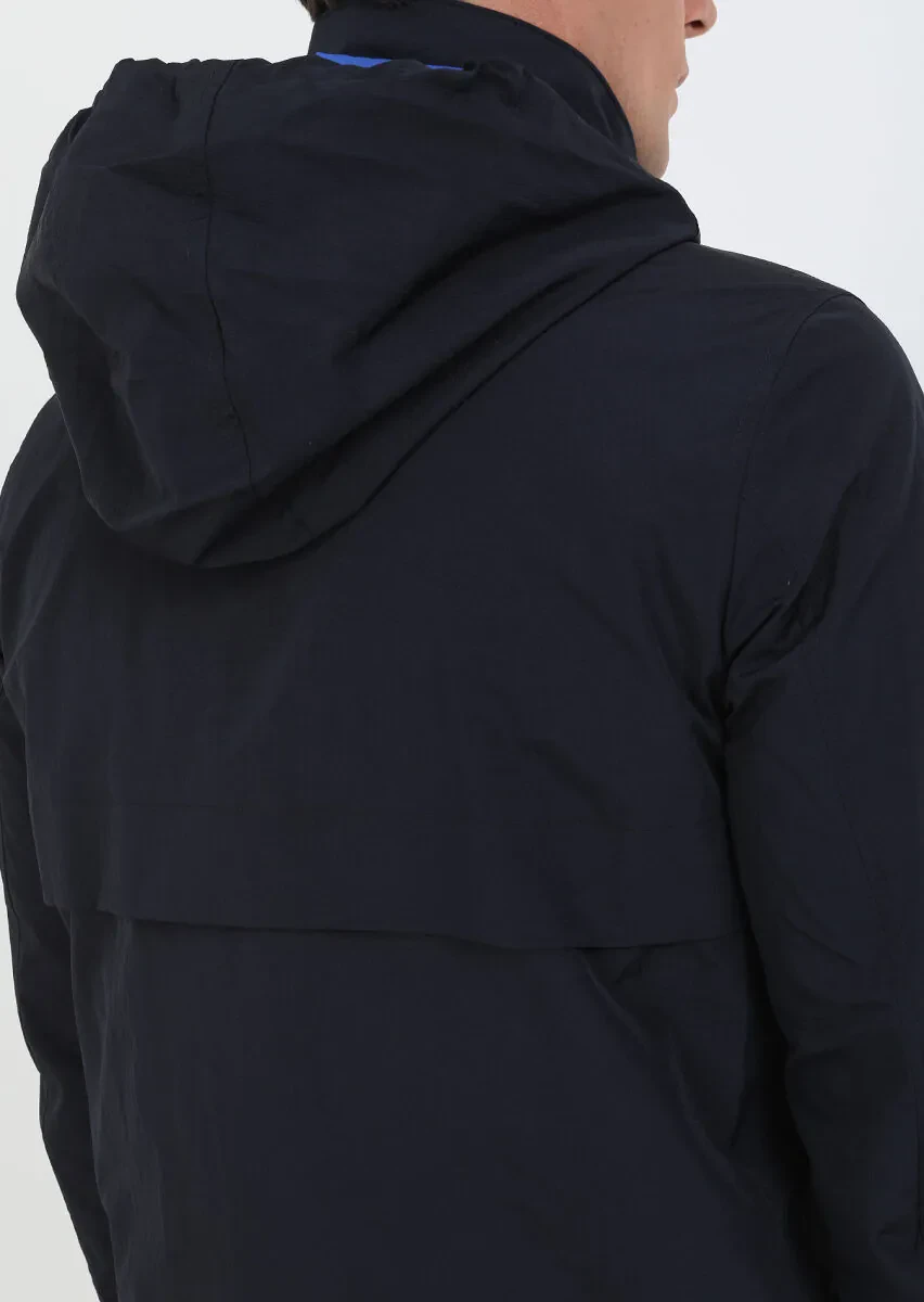 Navy Blue Regular Fit Turtleneck Denim Weaving Coat - 6