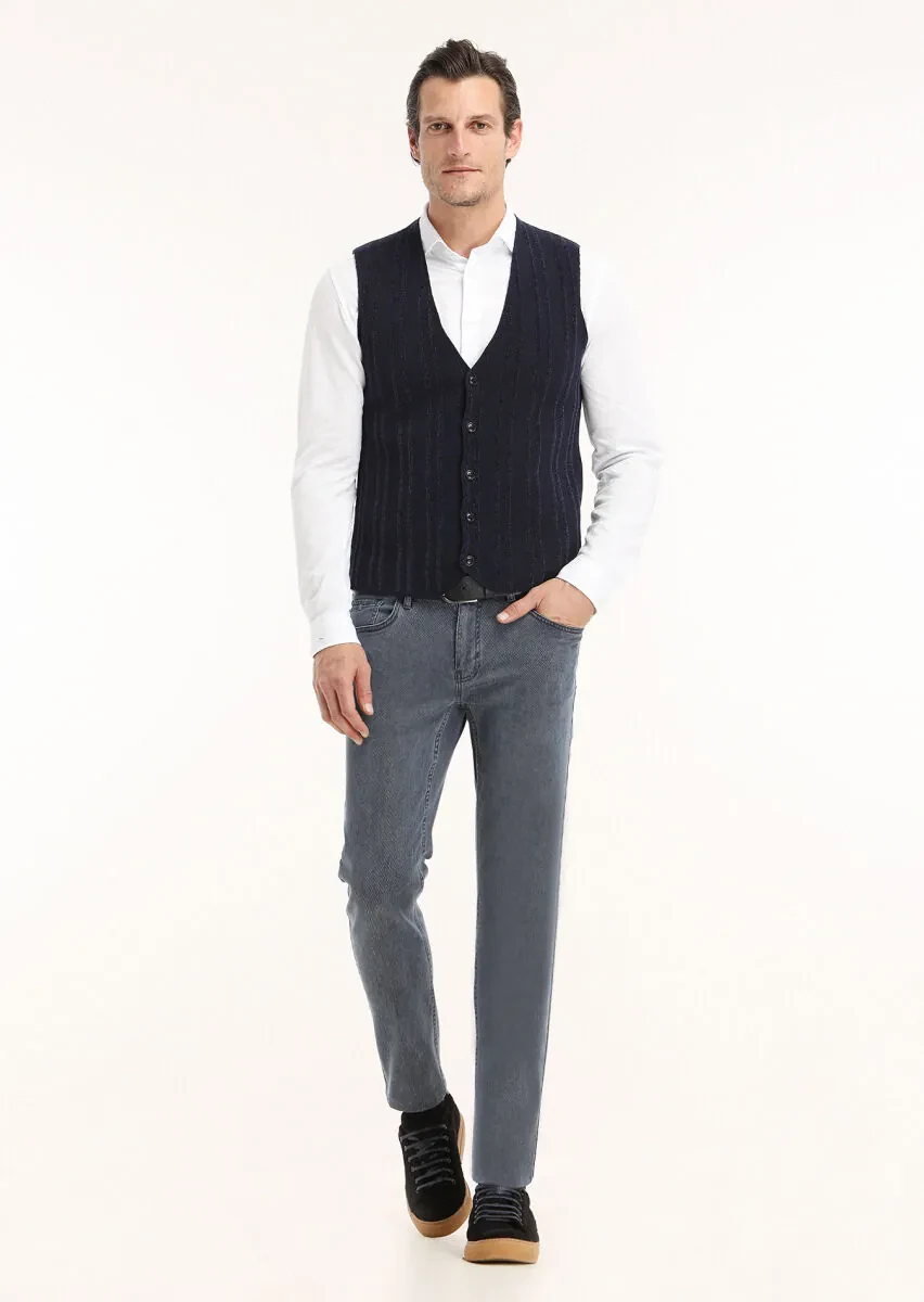 Navy Blue Regular Fit V-Neck Casual Knitting Knit Vest - 1