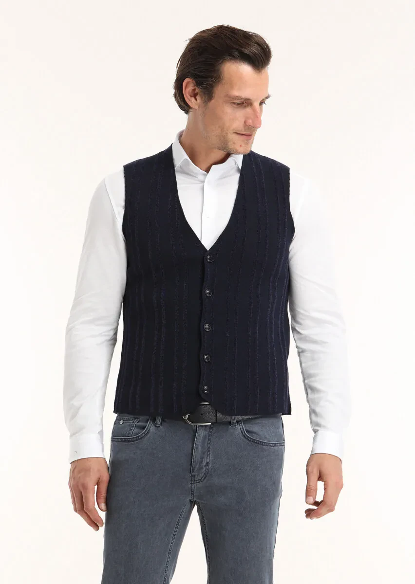 Navy Blue Regular Fit V-Neck Casual Knitting Knit Vest - 2