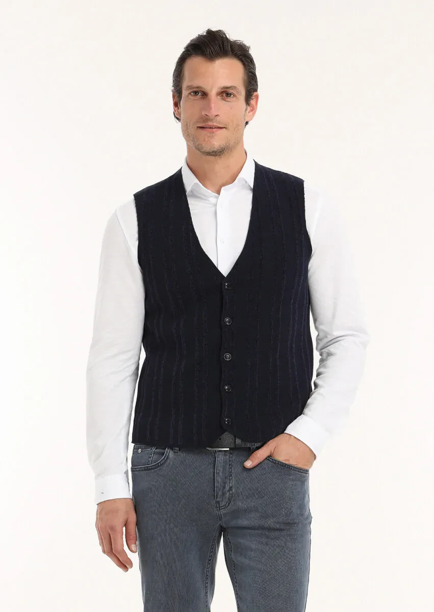 Navy Blue Regular Fit V-Neck Casual Knitting Knit Vest - 4