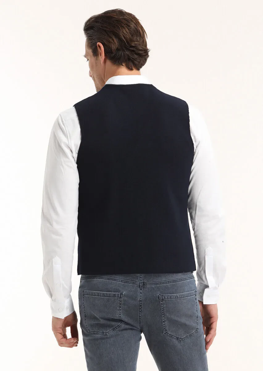 Navy Blue Regular Fit V-Neck Casual Knitting Knit Vest - 5