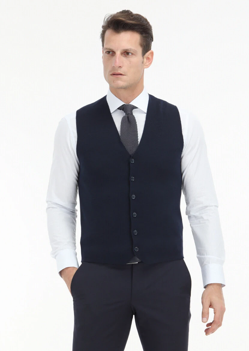 Navy Blue Regular Fit V-Neck Casual Knitting Knit Vest - 1