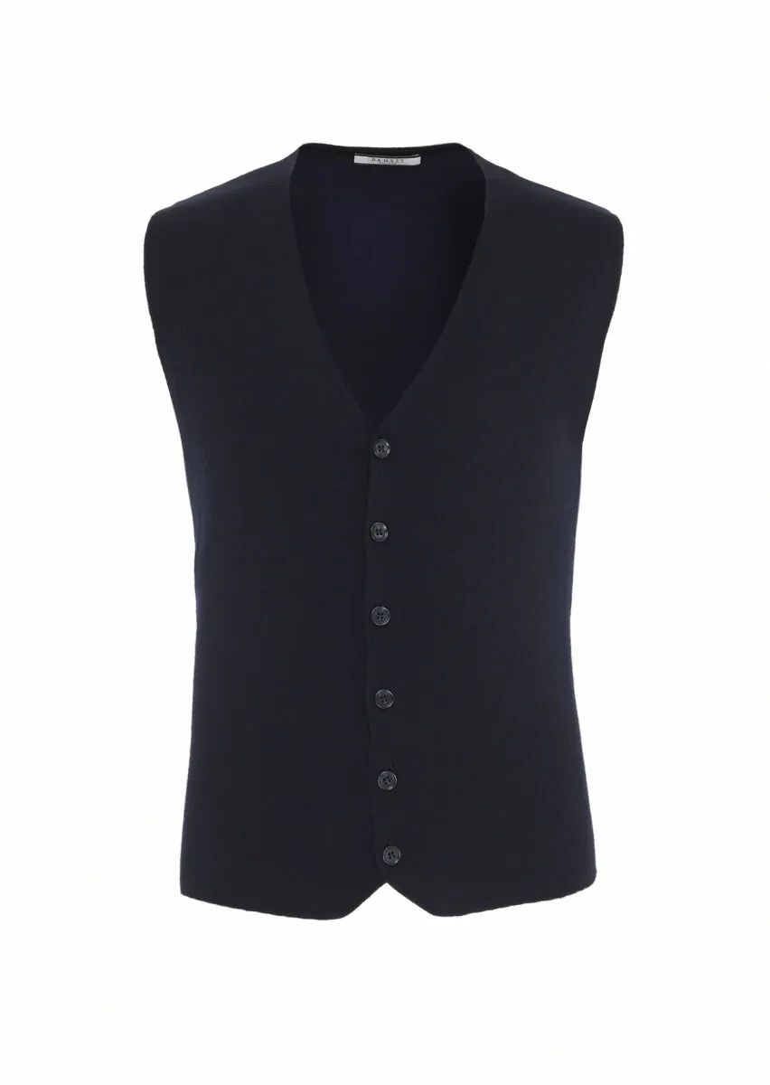 Navy Blue Regular Fit V-Neck Casual Knitting Knit Vest - 5