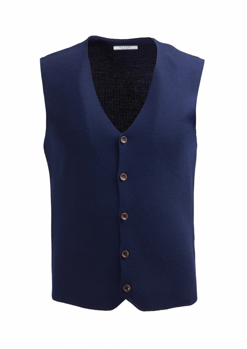 Navy Blue Regular Fit V-Neck Casual Knitting Knit Vest - RAMSEY
