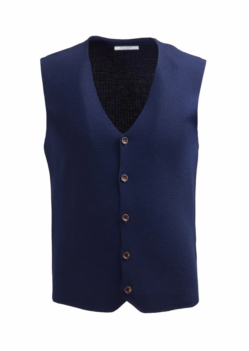 Navy Blue Regular Fit V-Neck Casual Knitting Knit Vest - 1
