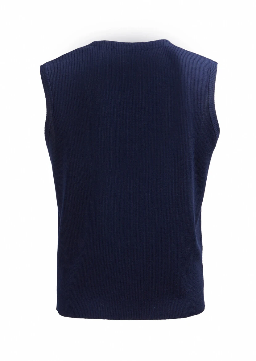 Navy Blue Regular Fit V-Neck Casual Knitting Knit Vest - 3