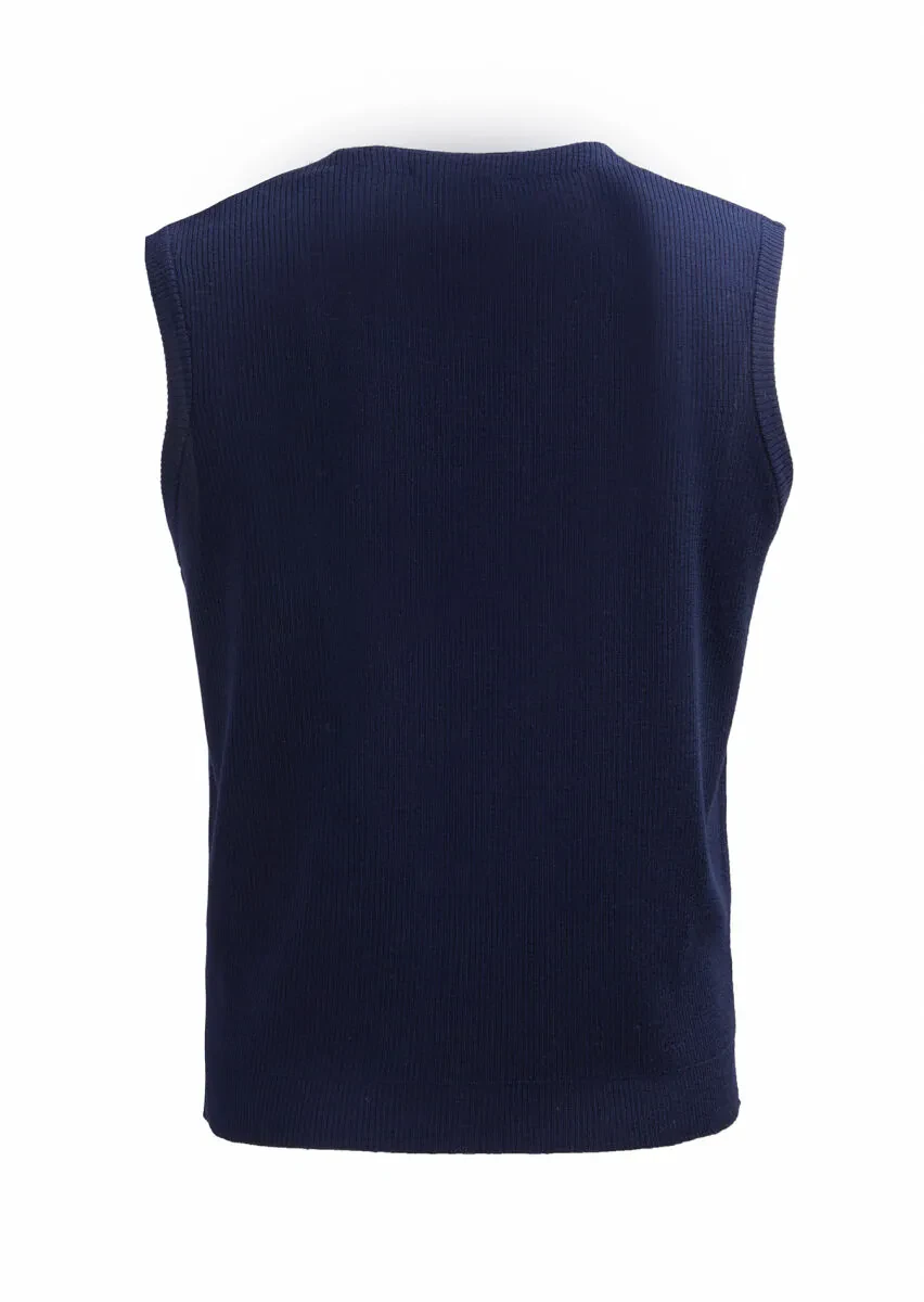 Navy Blue Regular Fit V-Neck Casual Knitting Knit Vest - 3