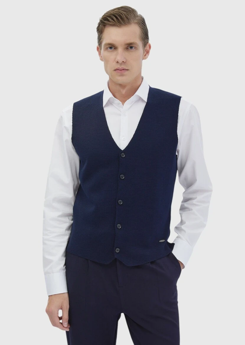Navy Blue Regular Fit V-Neck Casual Knitting Knit Vest - RAMSEY