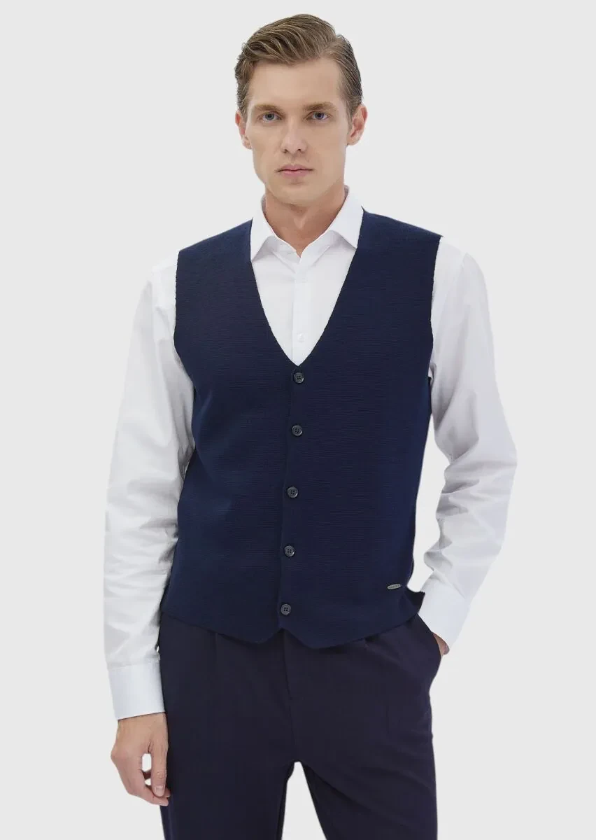 Navy Blue Regular Fit V-Neck Casual Knitting Knit Vest - 1