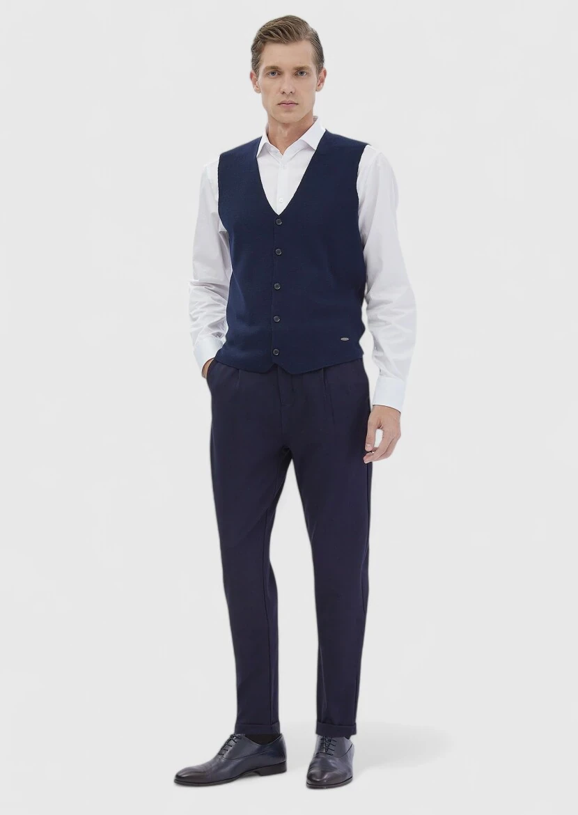 Navy Blue Regular Fit V-Neck Casual Knitting Knit Vest - RAMSEY