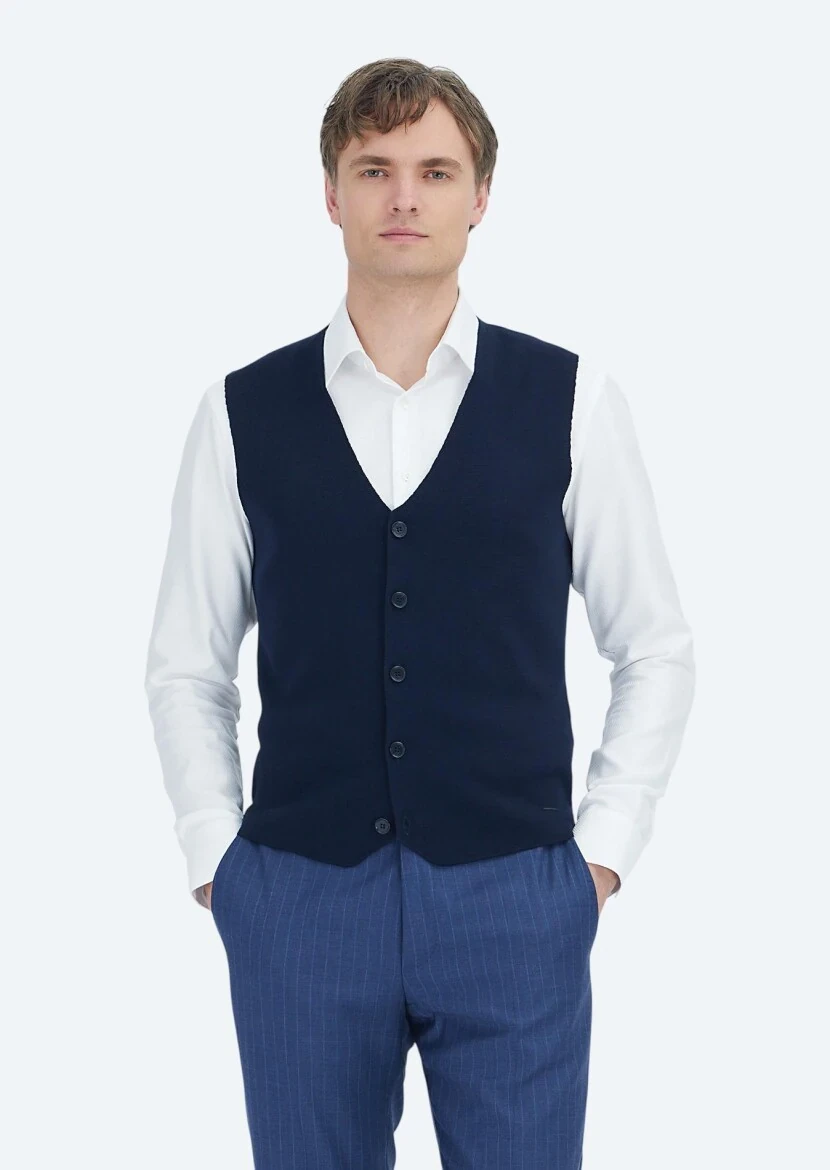 Navy Blue Regular Fit V-Neck Casual Knitting Knit Vest - RAMSEY