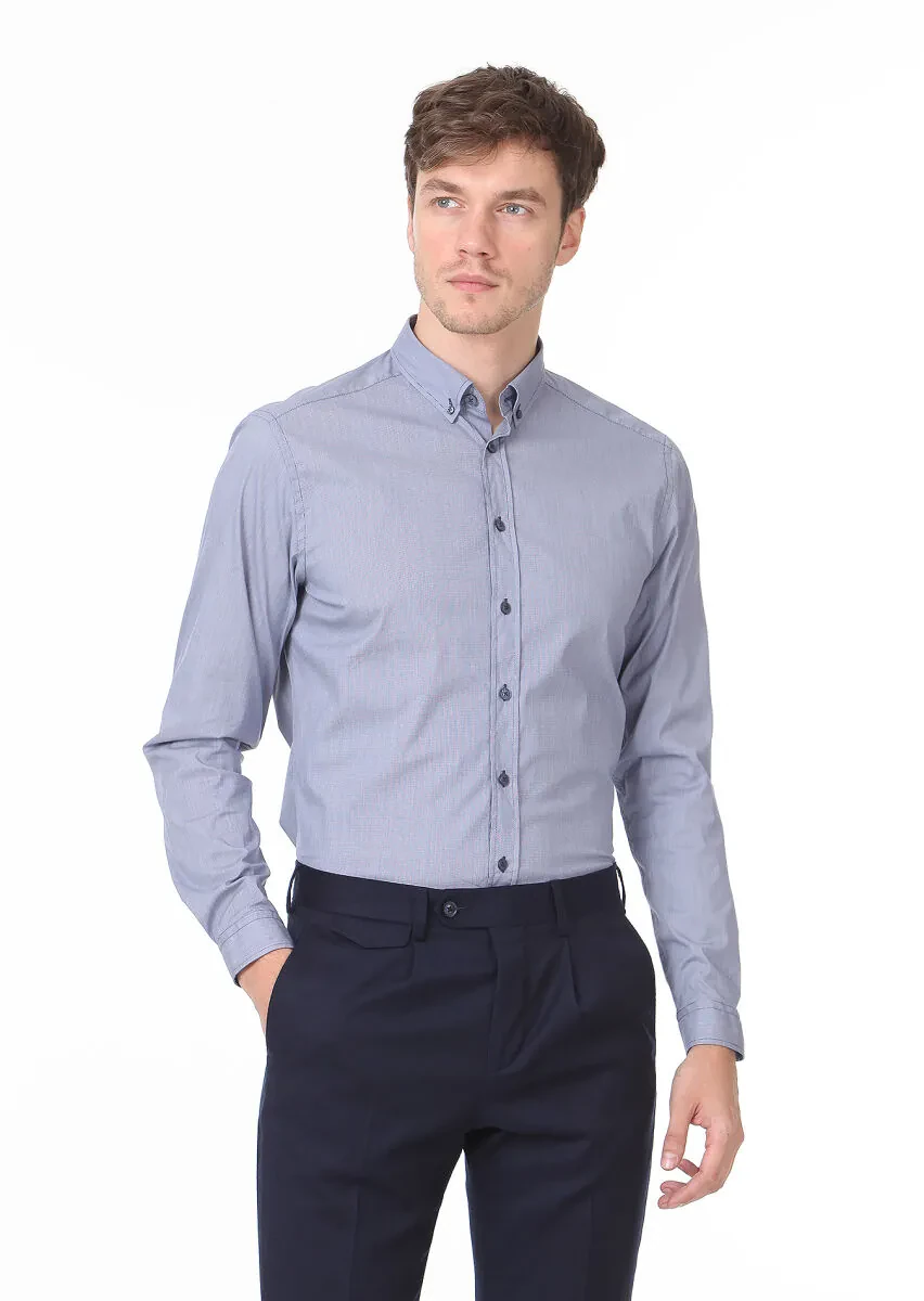 Navy Blue Regular Fit Weaving Casual 100% Cotton Shirt - 1