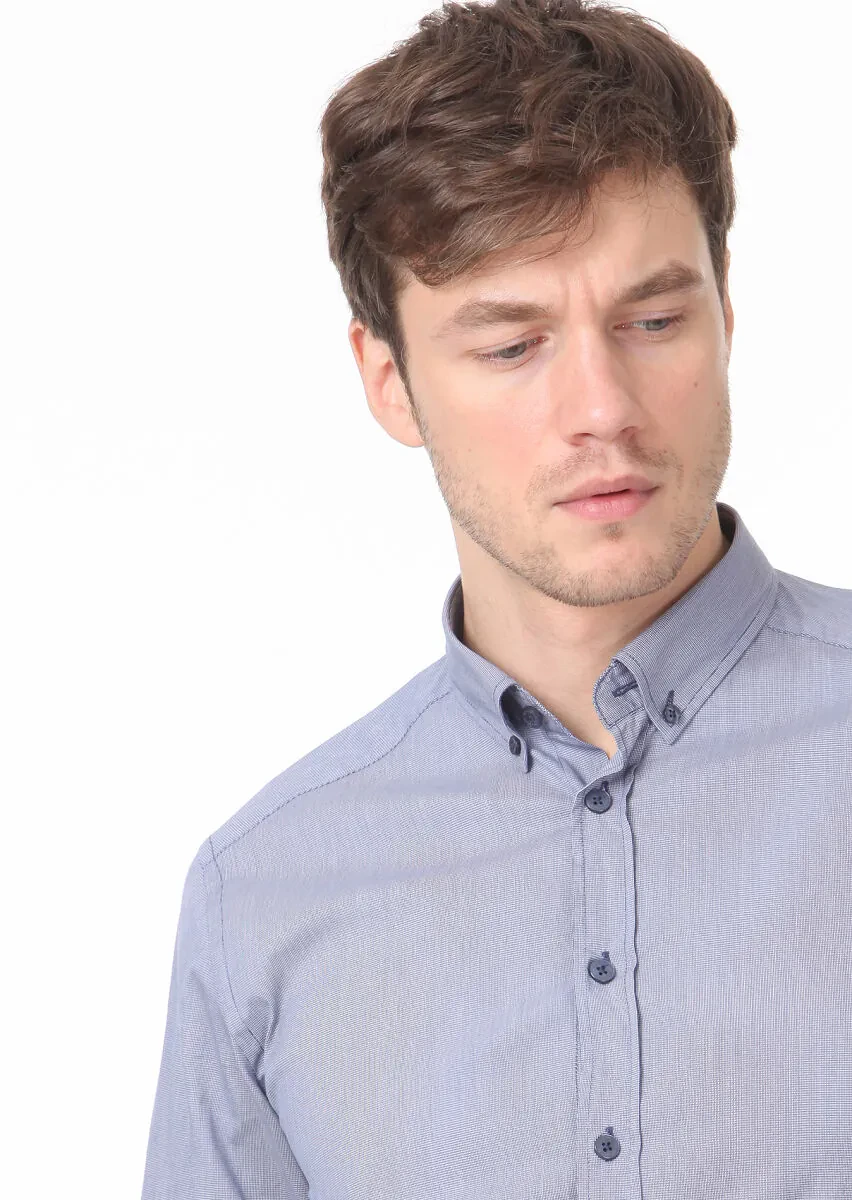 Navy Blue Regular Fit Weaving Casual 100% Cotton Shirt - 2