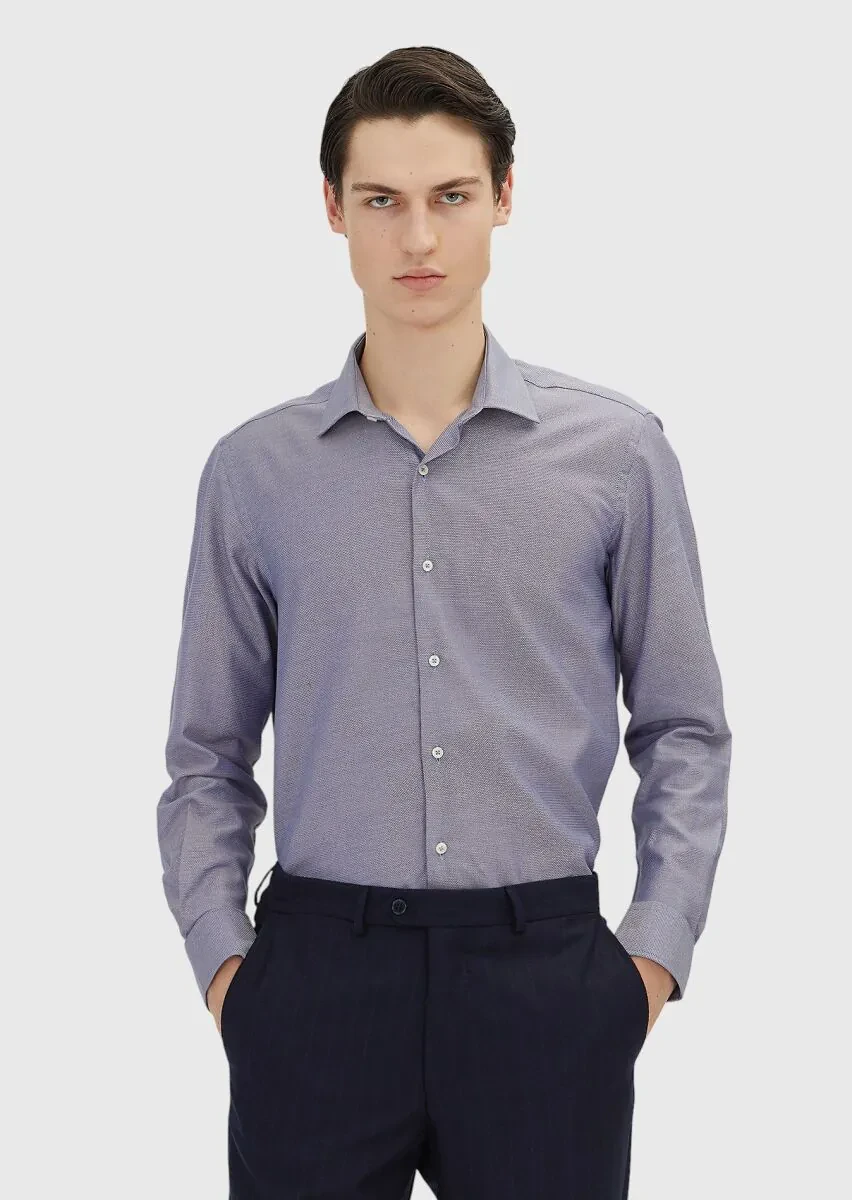 Navy Blue Regular Fit Weaving Classical 100% Cotton Shirt - 1