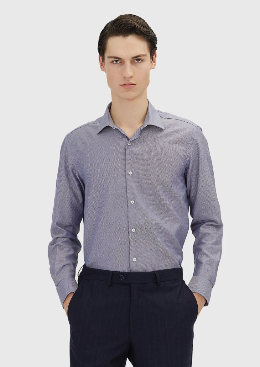 Navy Blue Regular Fit Weaving Classical 100% Cotton Shirt - RAMSEY