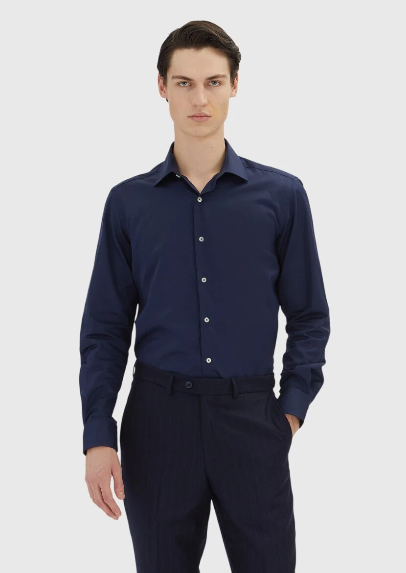 Navy Blue Regular Fit Weaving Classical 100% Cotton Shirt - RAMSEY