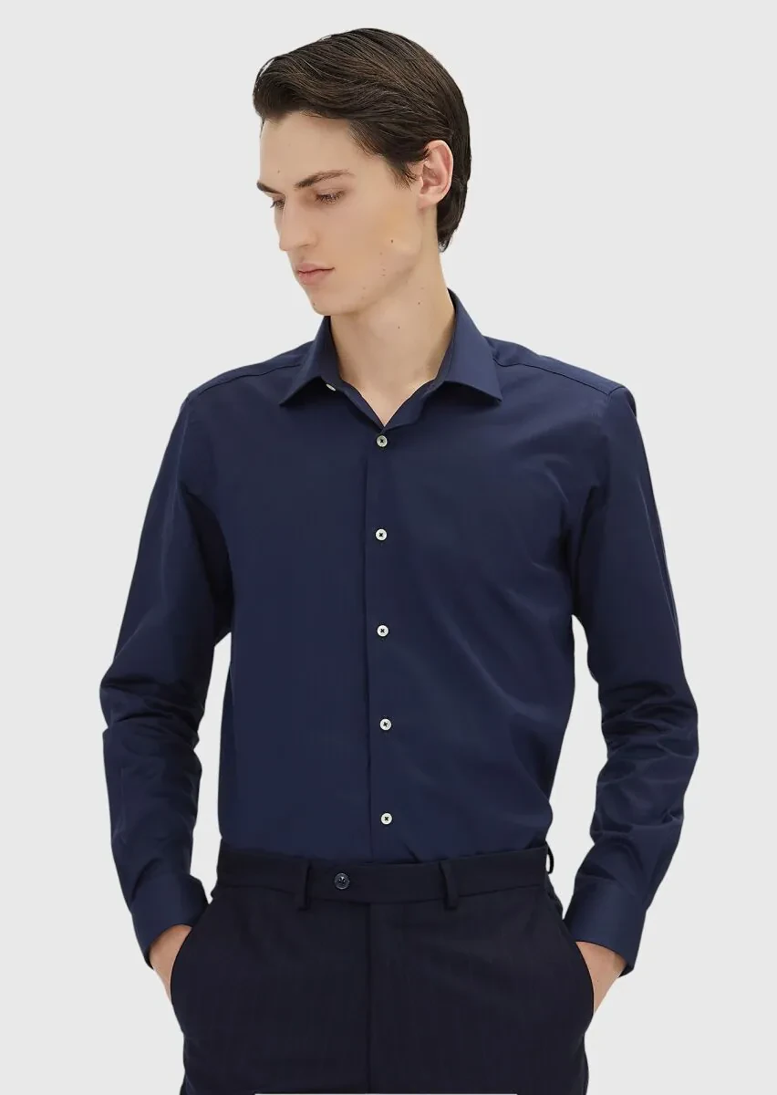 Navy Blue Regular Fit Weaving Classical 100% Cotton Shirt - 2