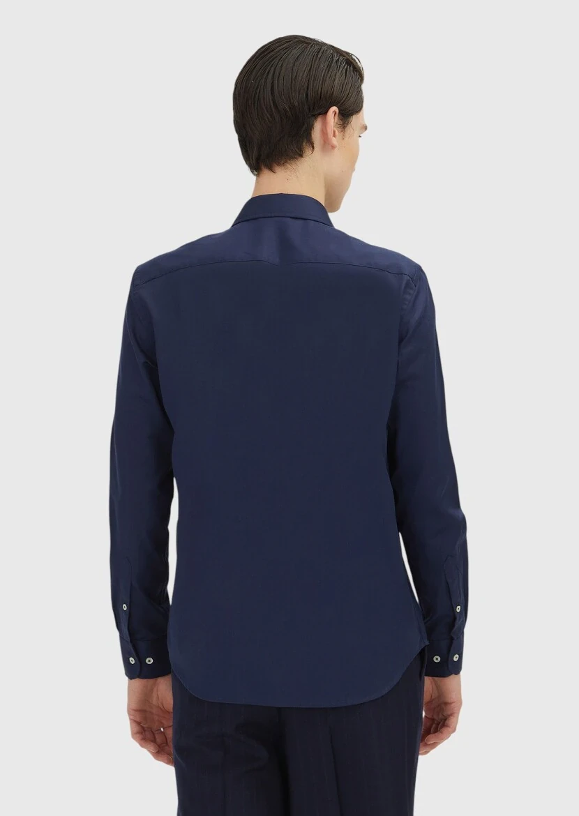 Navy Blue Regular Fit Weaving Classical 100% Cotton Shirt - 5